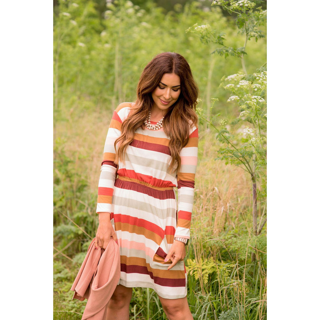 Striped Pocket Long Sleeve Dress - Betsey's Boutique Shop