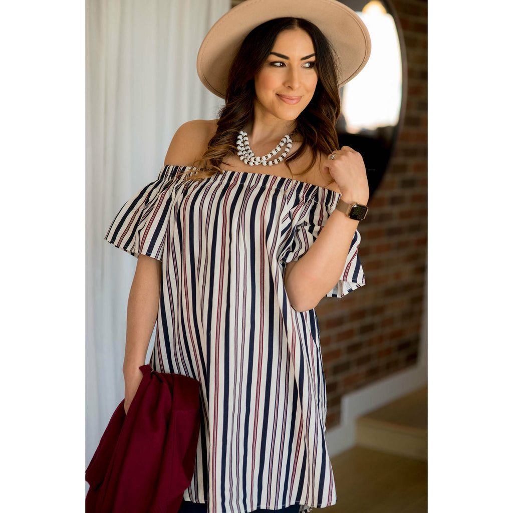 Striped Off the Shoulder Tunic Dress - Betsey's Boutique Shop