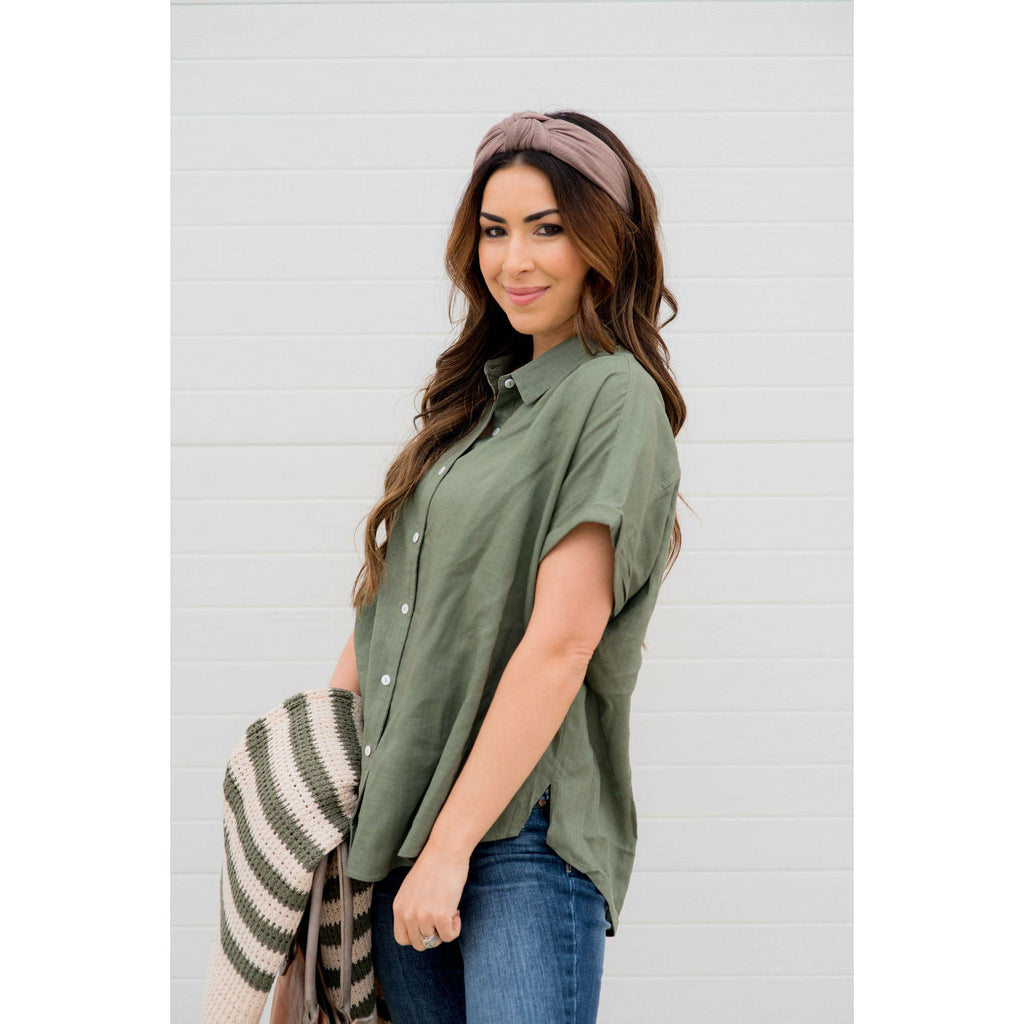 Oversized Cuffed Button Up Blouse - Betsey's Boutique Shop