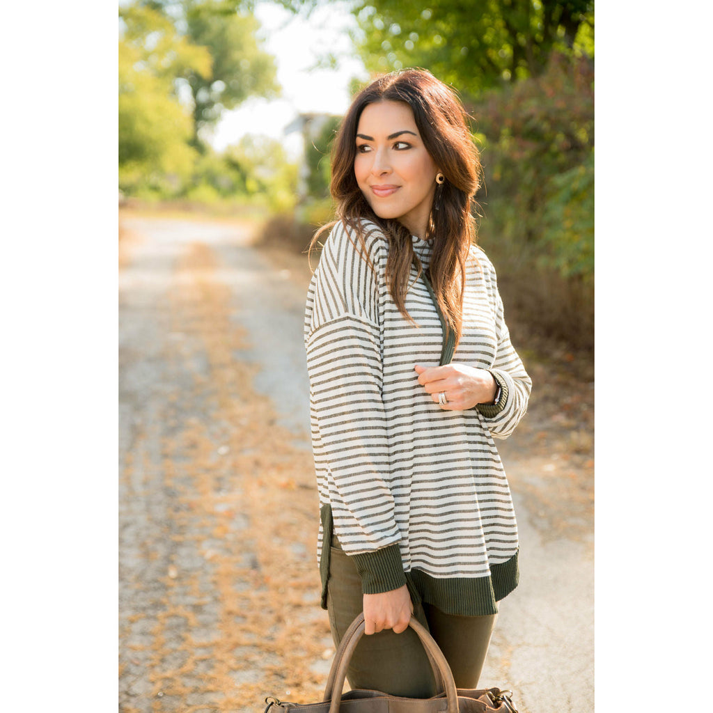 Striped Solid Trimmed Hoodie - Betsey's Boutique Shop - Shirts & Tops