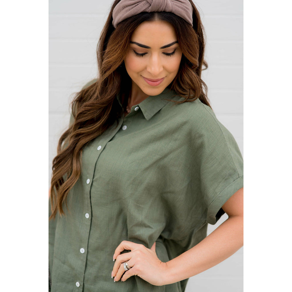 Oversized Cuffed Button Up Blouse - Betsey's Boutique Shop