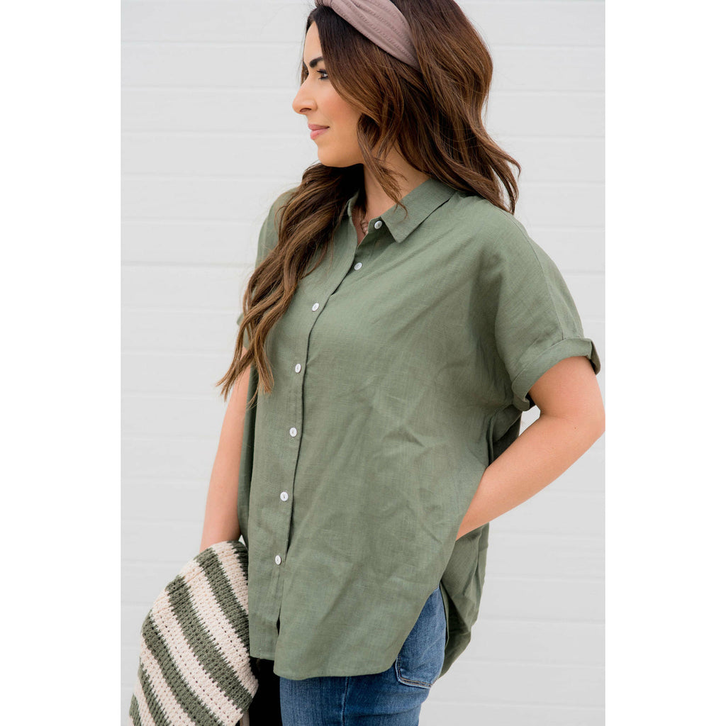 Oversized Cuffed Button Up Blouse - Betsey's Boutique Shop