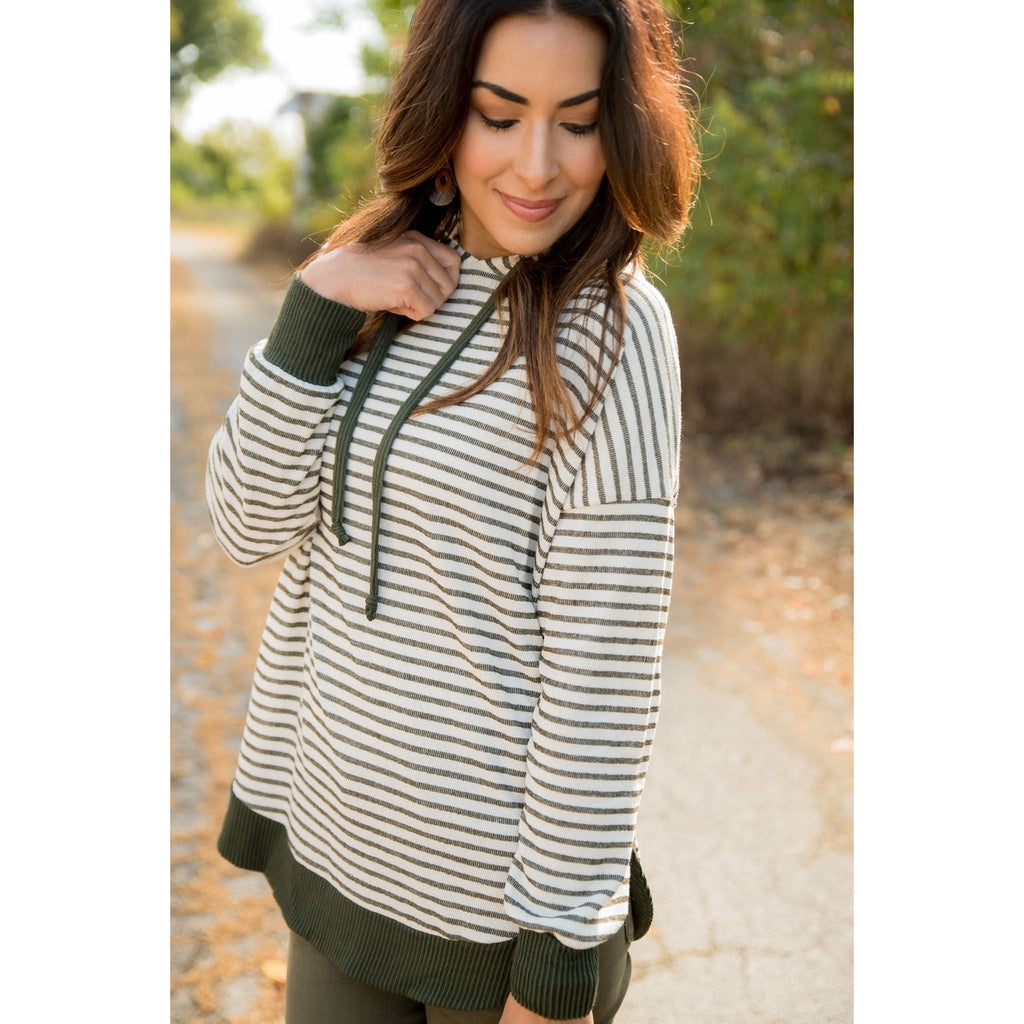 Striped Solid Trimmed Hoodie - Betsey's Boutique Shop - Shirts & Tops