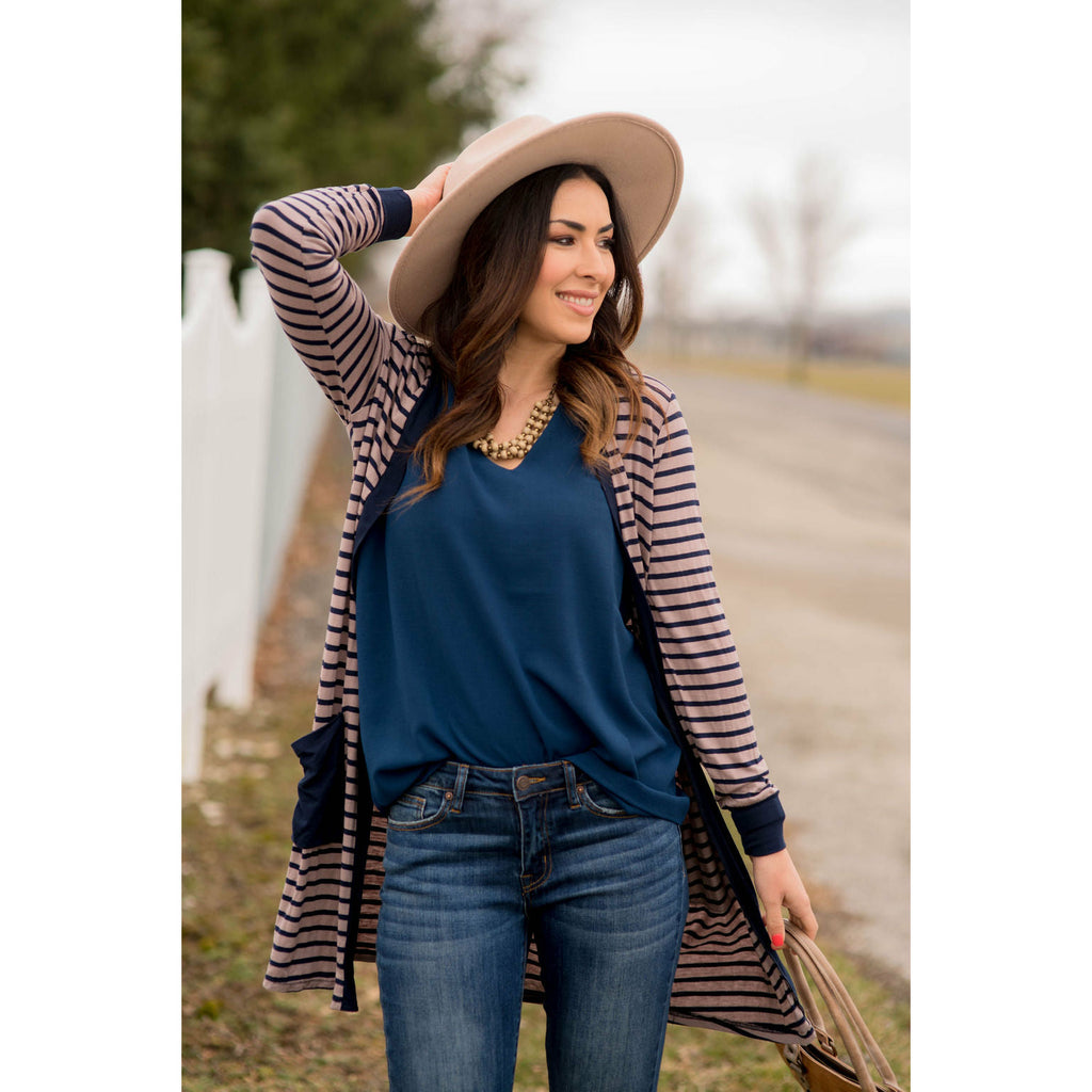 Solid Accent Striped Tunic Cardigan - Betsey's Boutique Shop