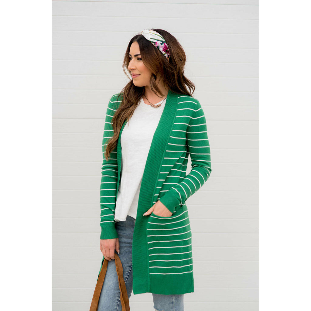 Ribbed Trim Striped Tunic Cardigan - Betsey's Boutique Shop - Coats & Jackets