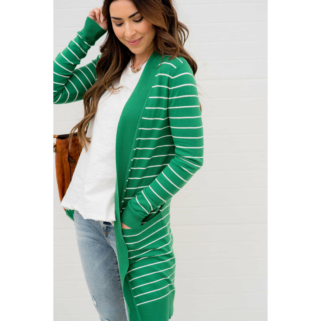 Ribbed Trim Striped Tunic Cardigan - Betsey's Boutique Shop - Coats & Jackets