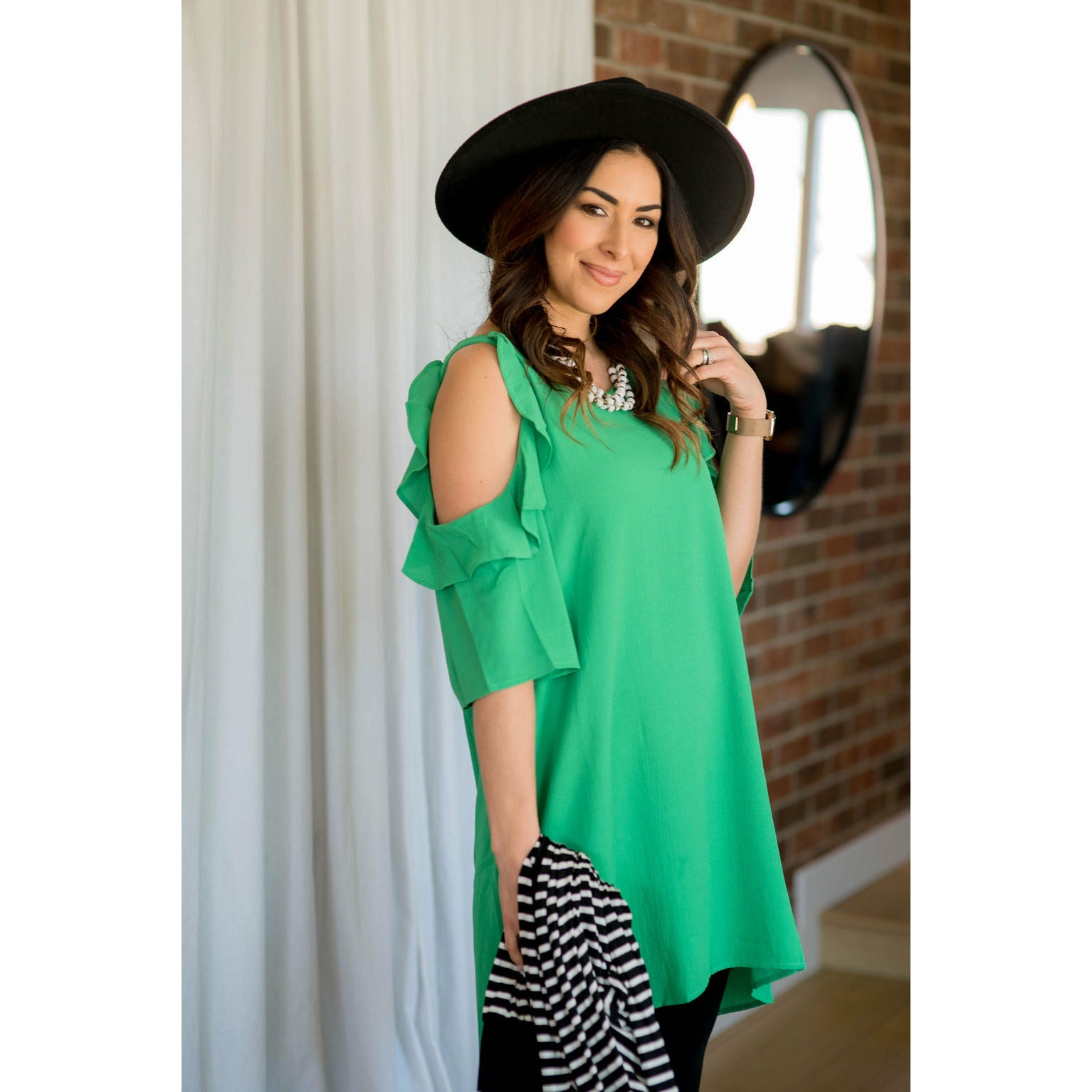 Cold Shoulder Ruffle Tunic Dress S / Kelly Green Cold Shoulder Ruffle Tunic Dress S / Kelly Green