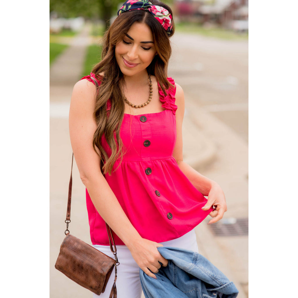 Ruched Strap Button Accent Tank - Betsey's Boutique Shop