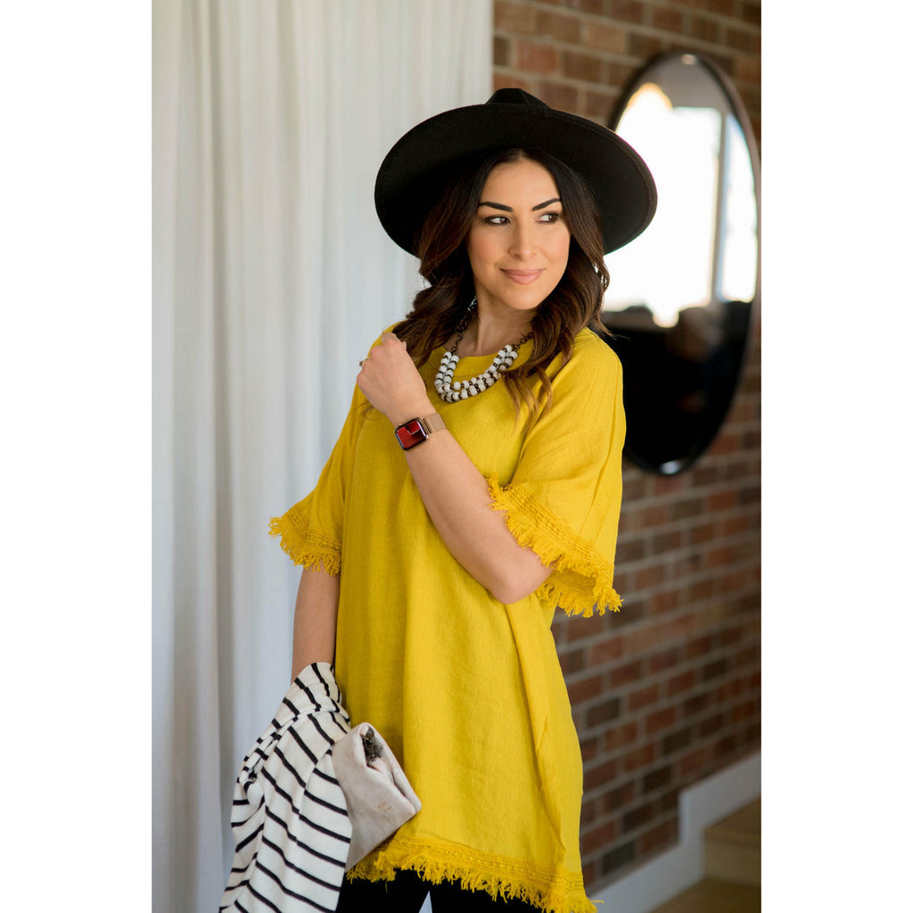 Fringe Trim Blouse - Mustard - Betsey's Boutique Shop