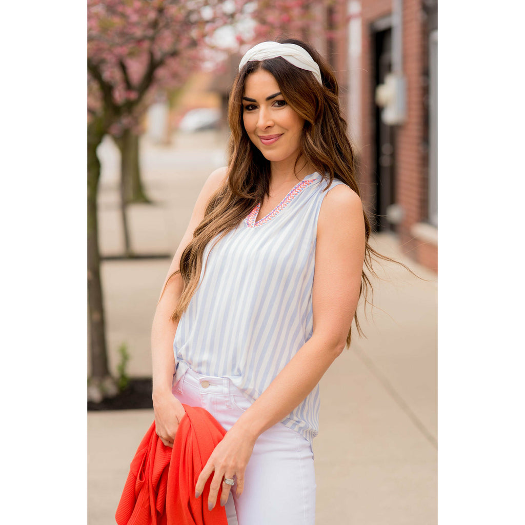 Striped Embroidered V Tank - Betsey's Boutique Shop