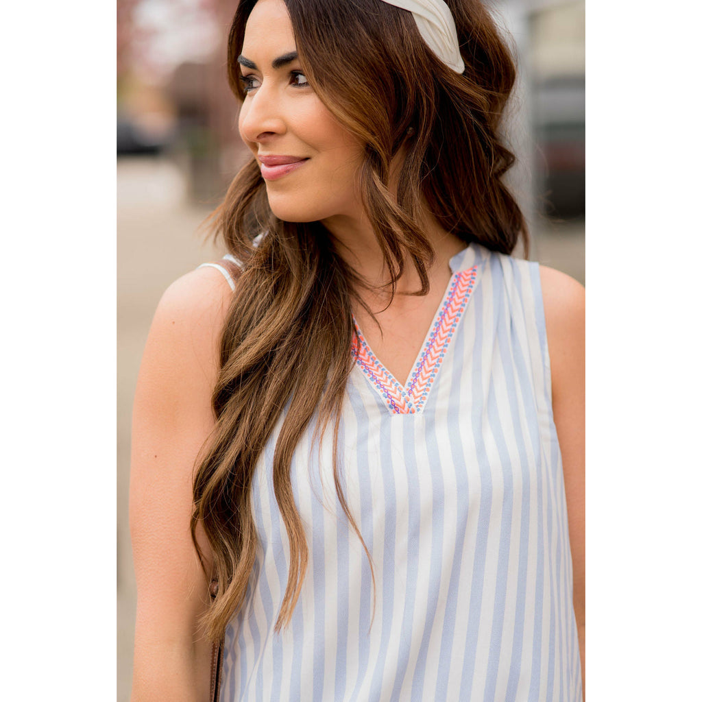 Striped Embroidered V Tank - Betsey's Boutique Shop