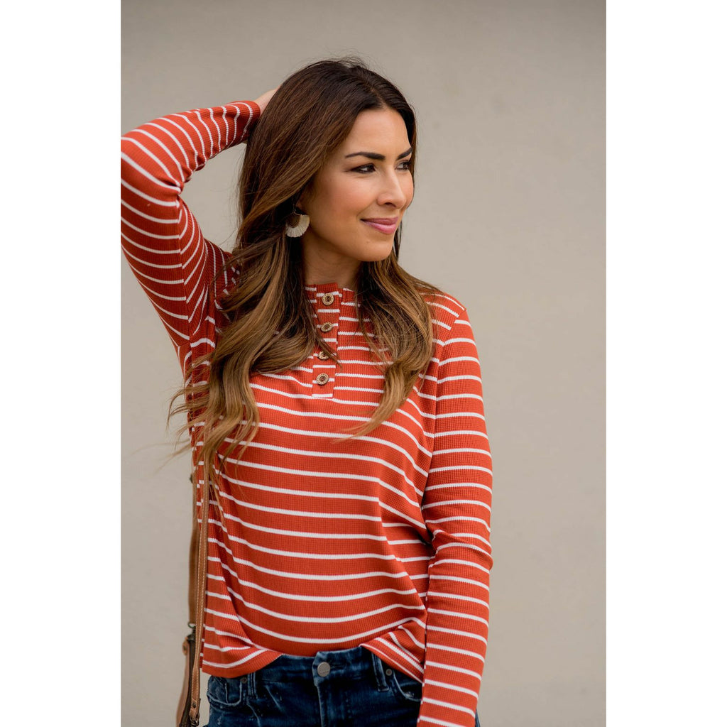 Thermal Button Top Striped Tee - Betsey's Boutique Shop - Shirts & Tops