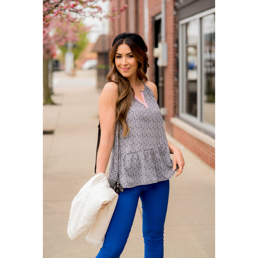 Mini Floral Embroidered V Peplum Tank - Betsey's Boutique Shop