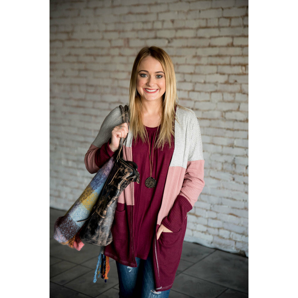 Pink/Burgundy Color Blocked Thermal Cardigan - Betsey's Boutique Shop