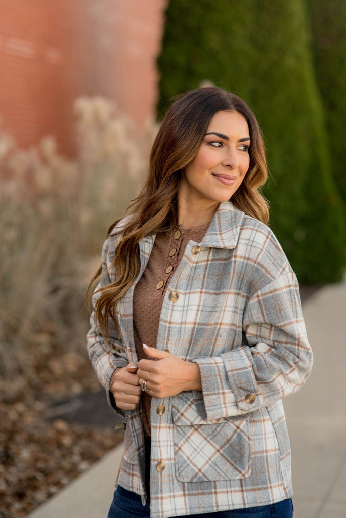 Neutral Pocket Plaid Shacket - Betsey's Boutique Shop -