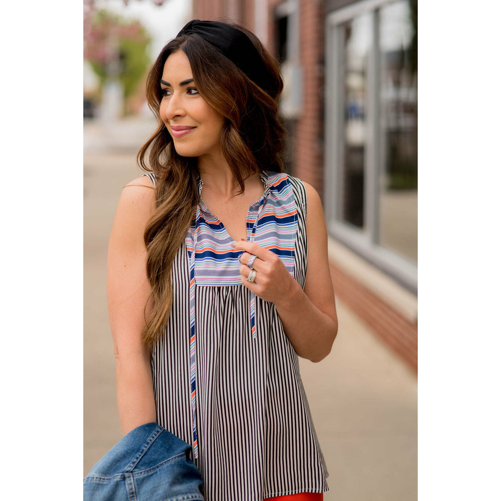 Mixed Stripes Tie Neck Tank - Betsey's Boutique Shop