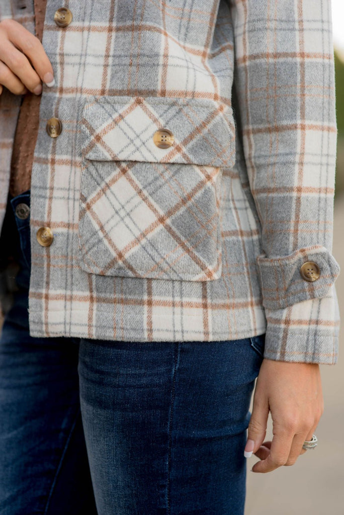 Neutral Pocket Plaid Shacket - Betsey's Boutique Shop -