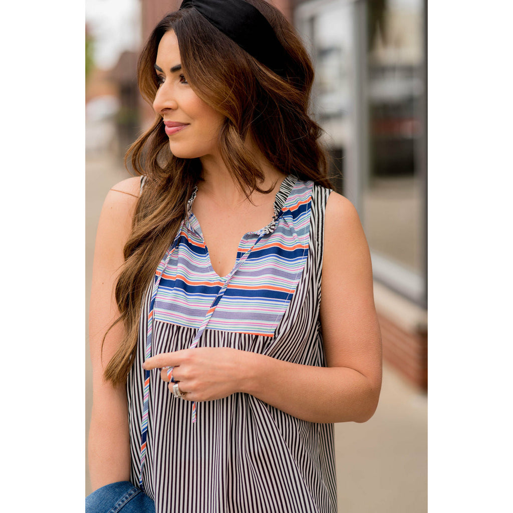 Mixed Stripes Tie Neck Tank - Betsey's Boutique Shop