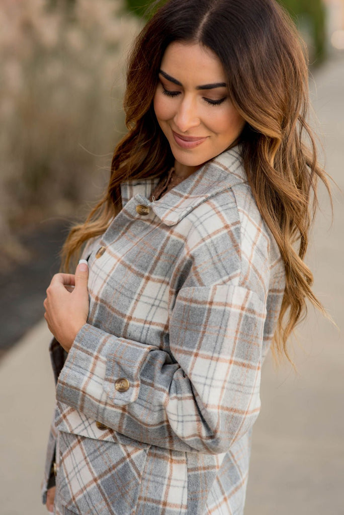 Neutral Pocket Plaid Shacket - Betsey's Boutique Shop -