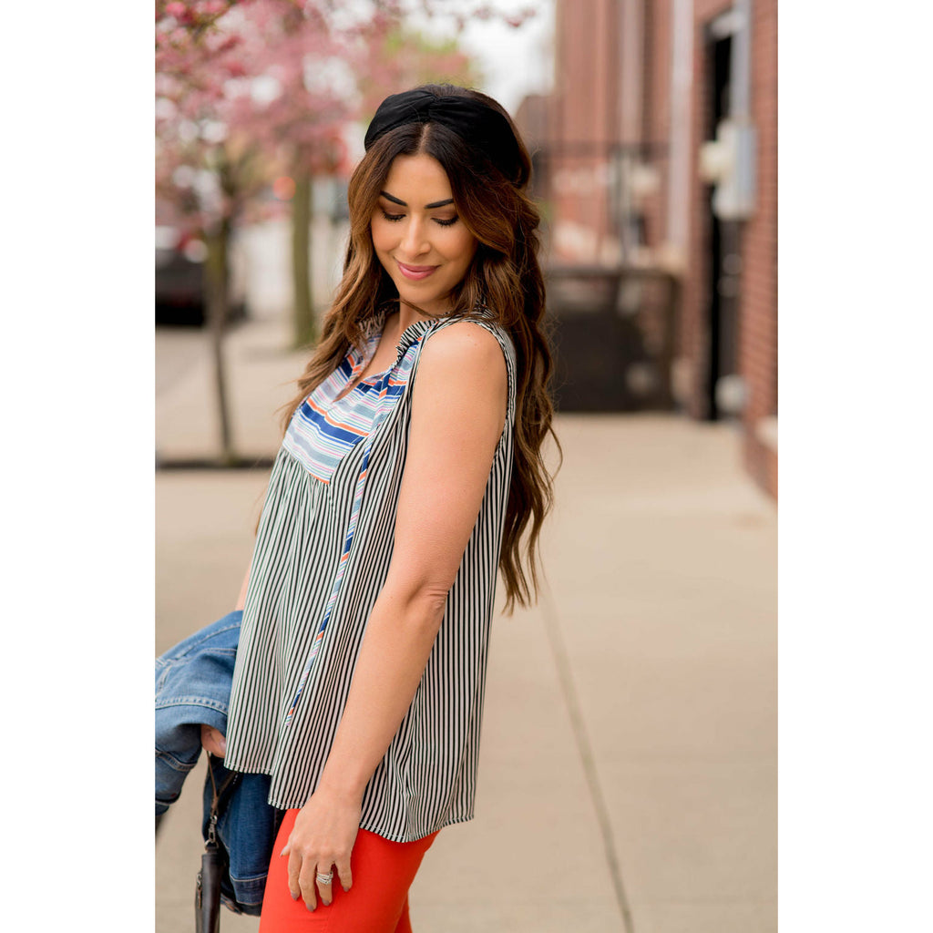 Mixed Stripes Tie Neck Tank - Betsey's Boutique Shop