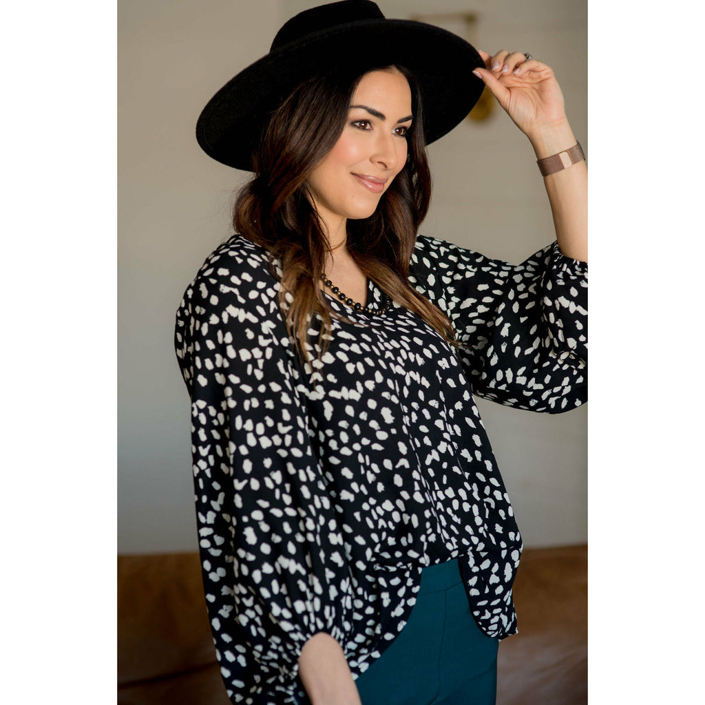 Leopard Cinched Sleeve V Blouse - Betsey's Boutique Shop