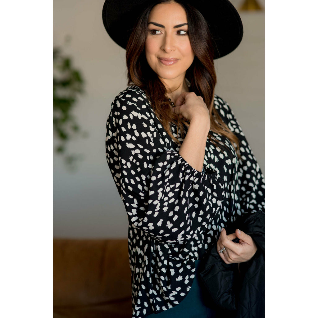 Leopard Cinched Sleeve V Blouse - Betsey's Boutique Shop