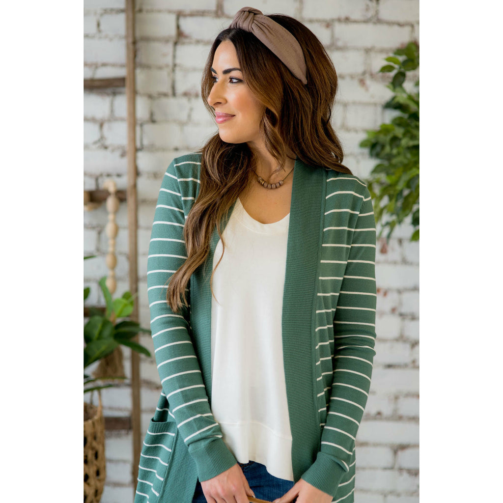 Ribbed Trim Striped Tunic Cardigan - Betsey's Boutique Shop - Coats & Jackets