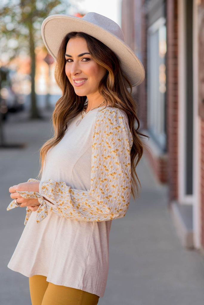 Fancy Floral Tie Sleeve Blouse - Betsey's Boutique Shop -