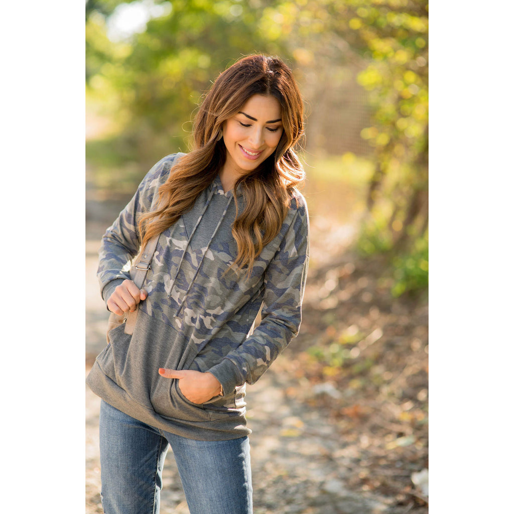 Camo Printed Solid Accented Hoodie - Betsey's Boutique Shop