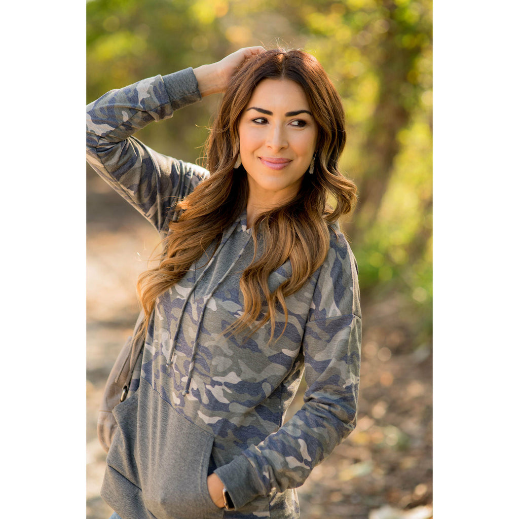 Camo Printed Solid Accented Hoodie - Betsey's Boutique Shop