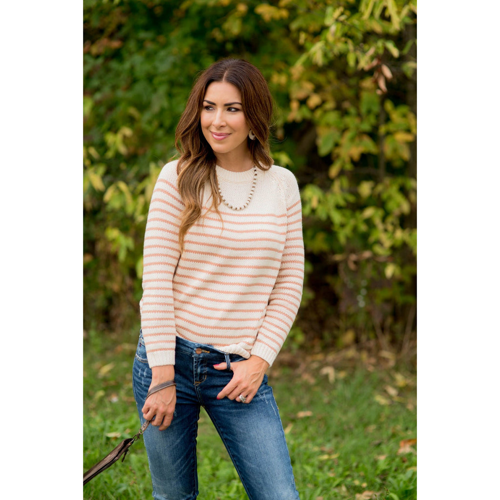 Solid Neckline Striped Knit Sweater - Betsey's Boutique Shop - Outerwear