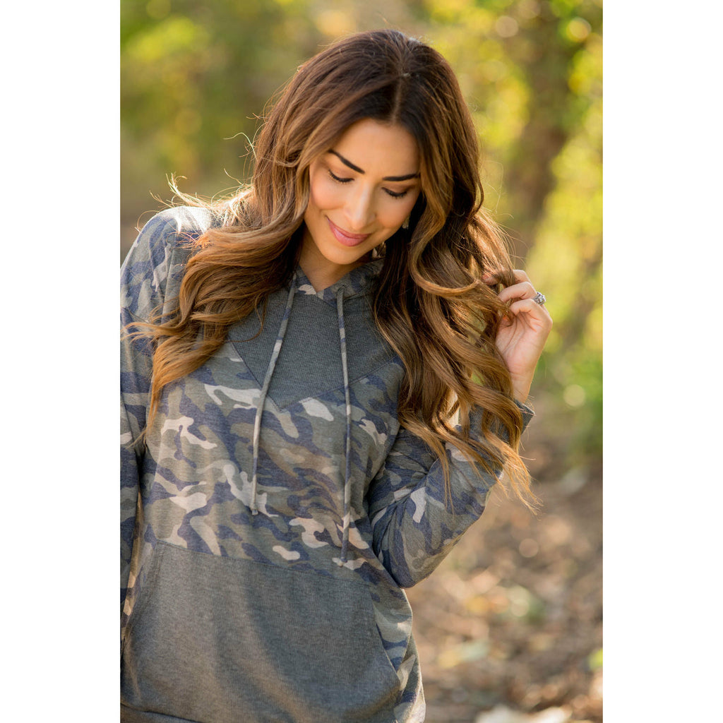 Camo Printed Solid Accented Hoodie - Betsey's Boutique Shop