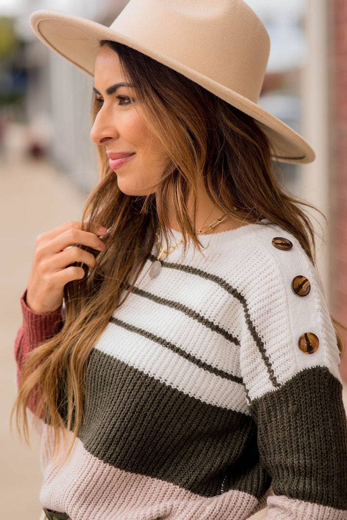 Mixed Stripes Button Shoulder Sweater - Betsey's Boutique Shop -