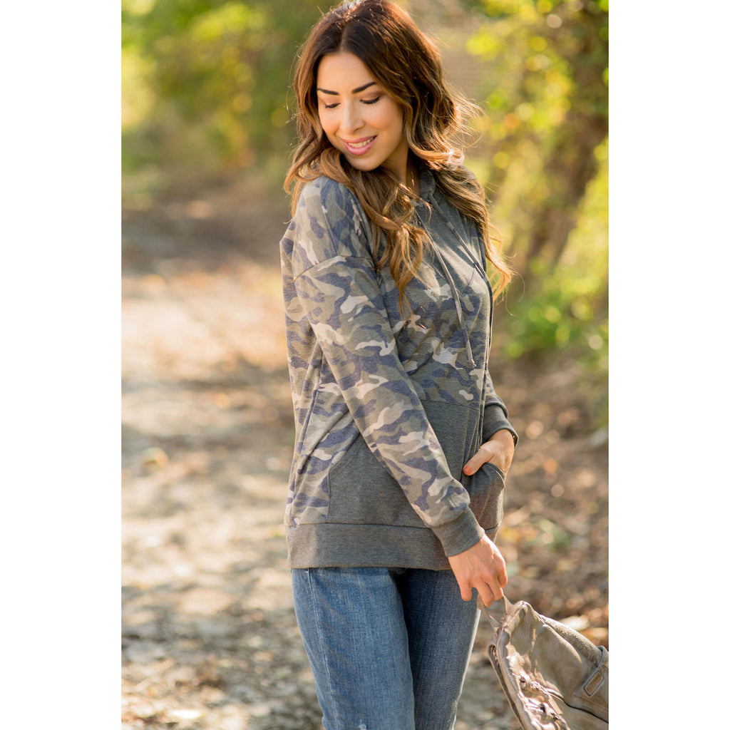 Camo Printed Solid Accented Hoodie - Betsey's Boutique Shop