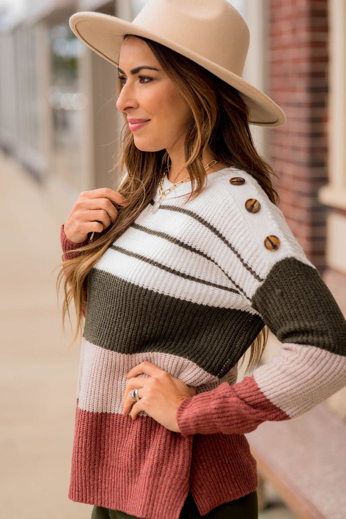 Mixed Stripes Button Shoulder Sweater - Betsey's Boutique Shop -