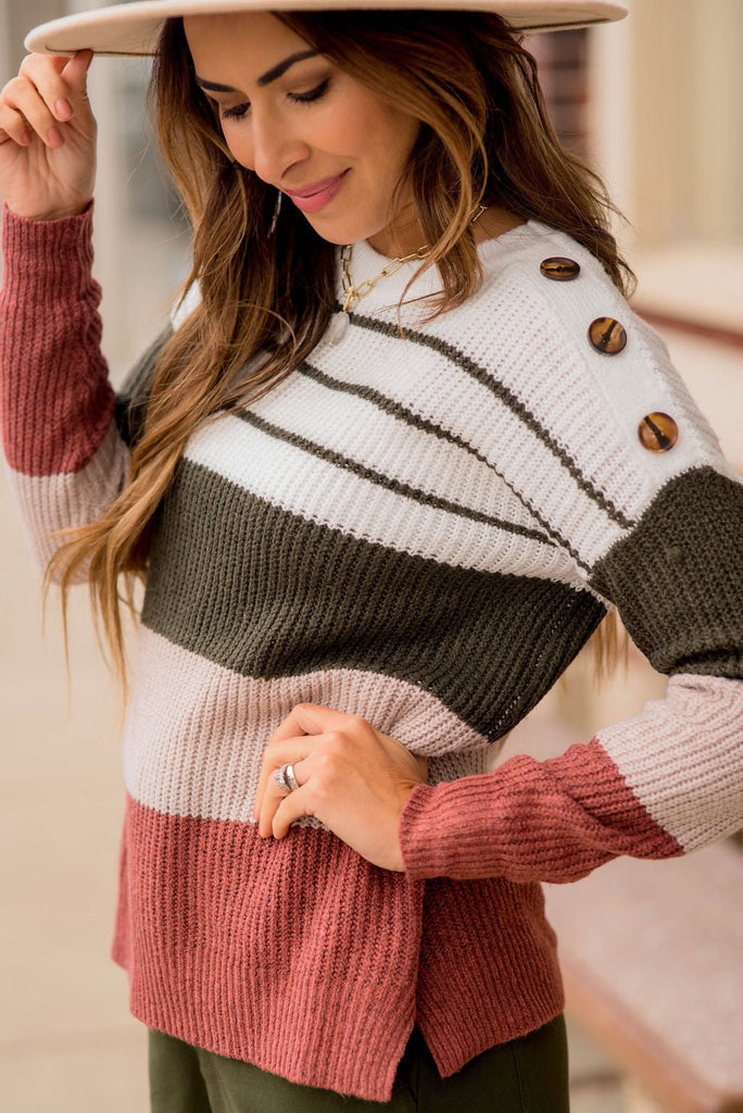 Mixed Stripes Button Shoulder Sweater - Betsey's Boutique Shop -