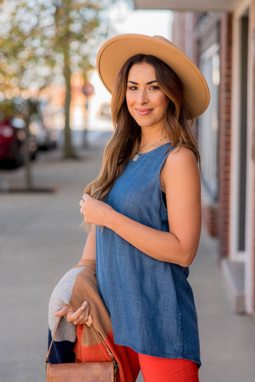 Denim Peep Back Tank - Betsey's Boutique Shop - Shirts & Tops