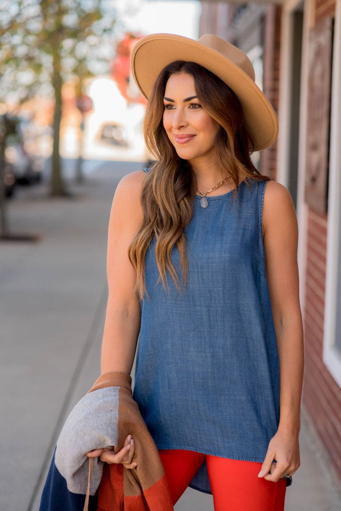 Denim Peep Back Tank - Betsey's Boutique Shop - Shirts & Tops