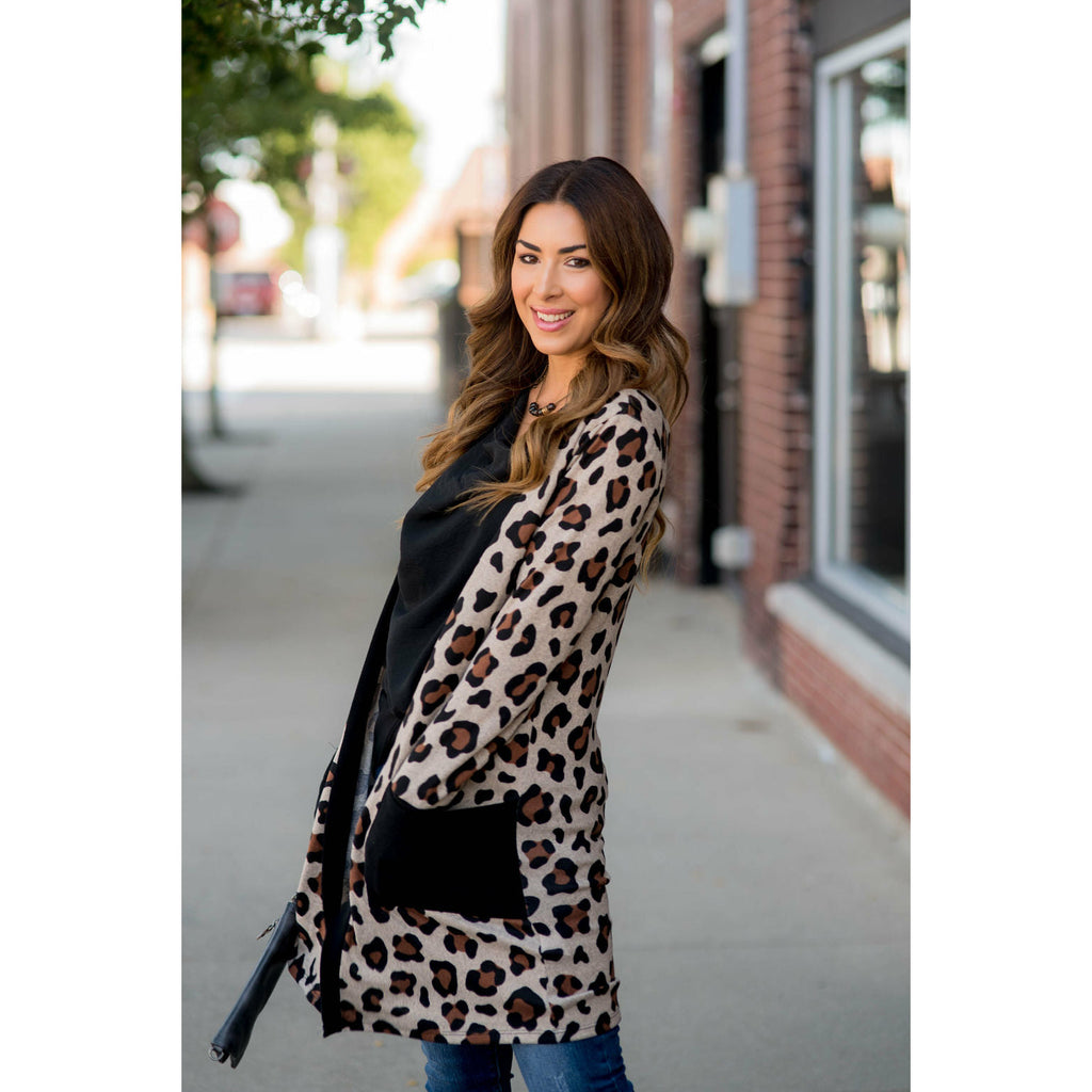 Leopard Solid Trim Tunic Cardigan - Betsey's Boutique Shop - Coats & Jackets