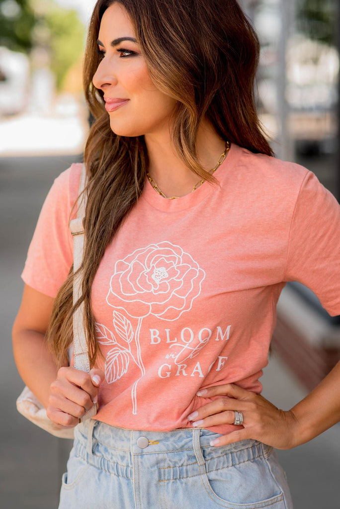 Bloom With Grace Heathered Graphic Tee - Betsey's Boutique Shop -