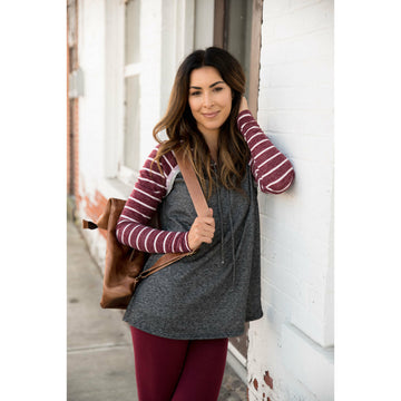 Burgundy Striped Charcoal Hoodie - Betsey's Boutique Shop - Shirts & Tops