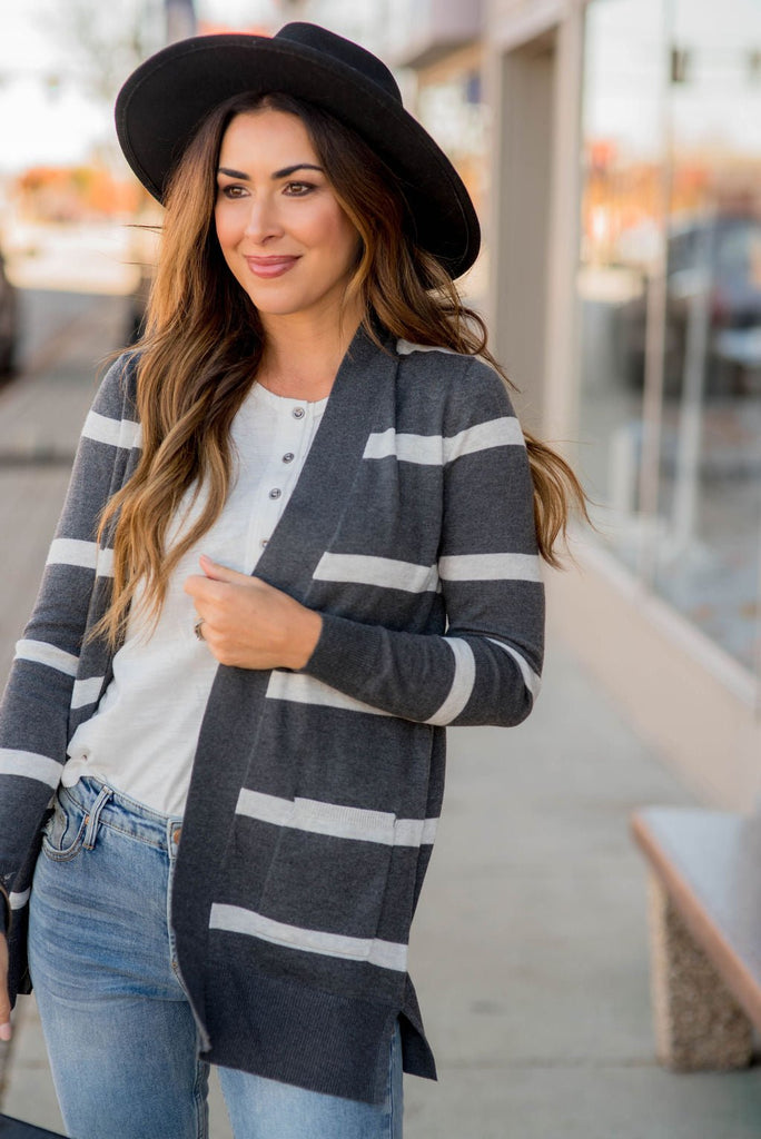 Striped Side Slit Pocket Cardigan - Betsey's Boutique Shop -