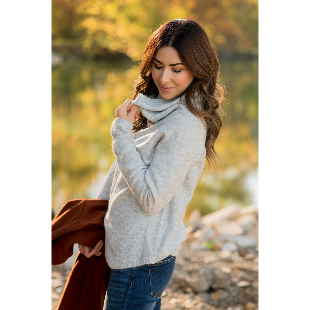 Detailed Waffle Cowl Neck Sweater - Betsey's Boutique Shop