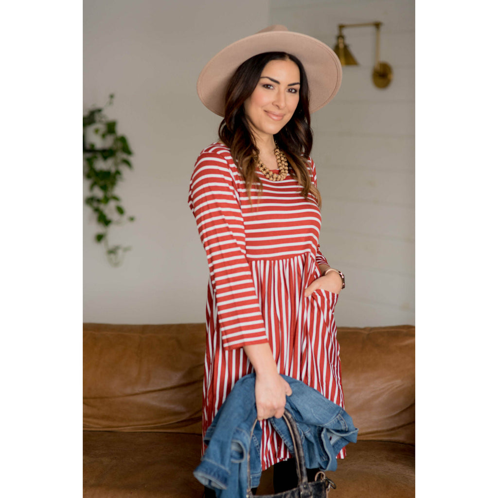 Mixed Striped Long Sleeve Pocket Dress - Rust - Betsey's Boutique Shop