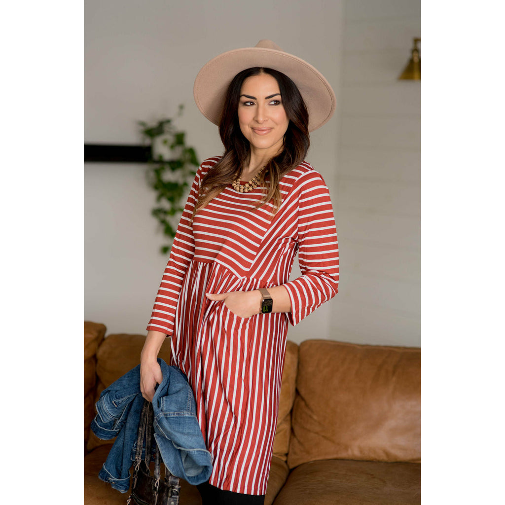 Mixed Striped Long Sleeve Pocket Dress - Rust - Betsey's Boutique Shop