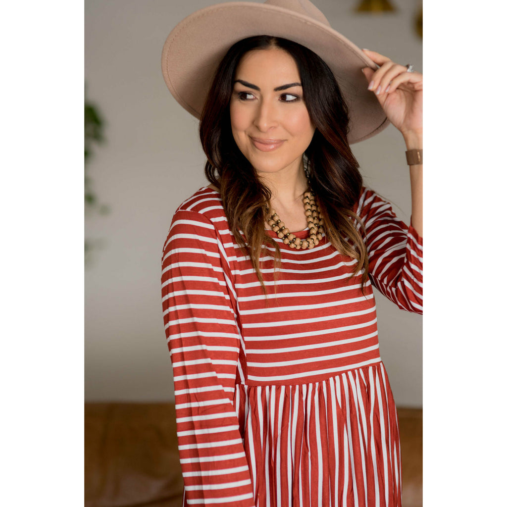 Mixed Striped Long Sleeve Pocket Dress - Rust - Betsey's Boutique Shop