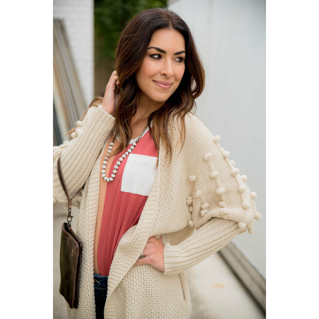 Pom Sleeve Knit Cardigan - Betsey's Boutique Shop