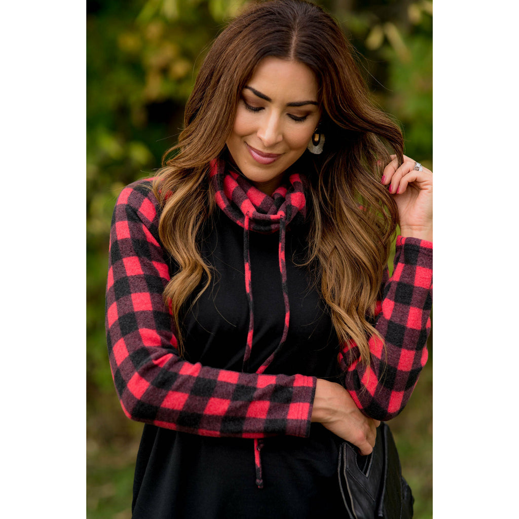 Buffalo Check Cowl Neck Long Tee - Betsey's Boutique Shop