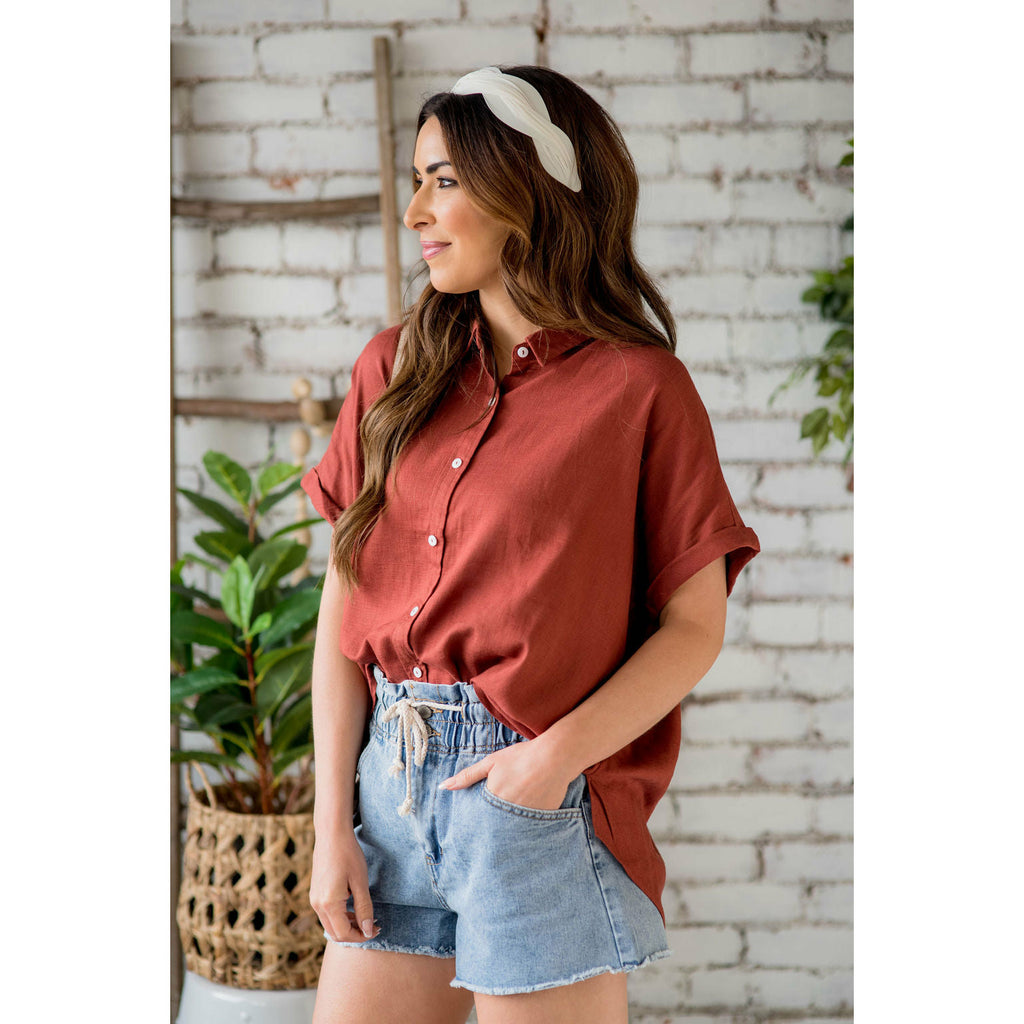 Oversized Cuffed Button Up Blouse - Betsey's Boutique Shop