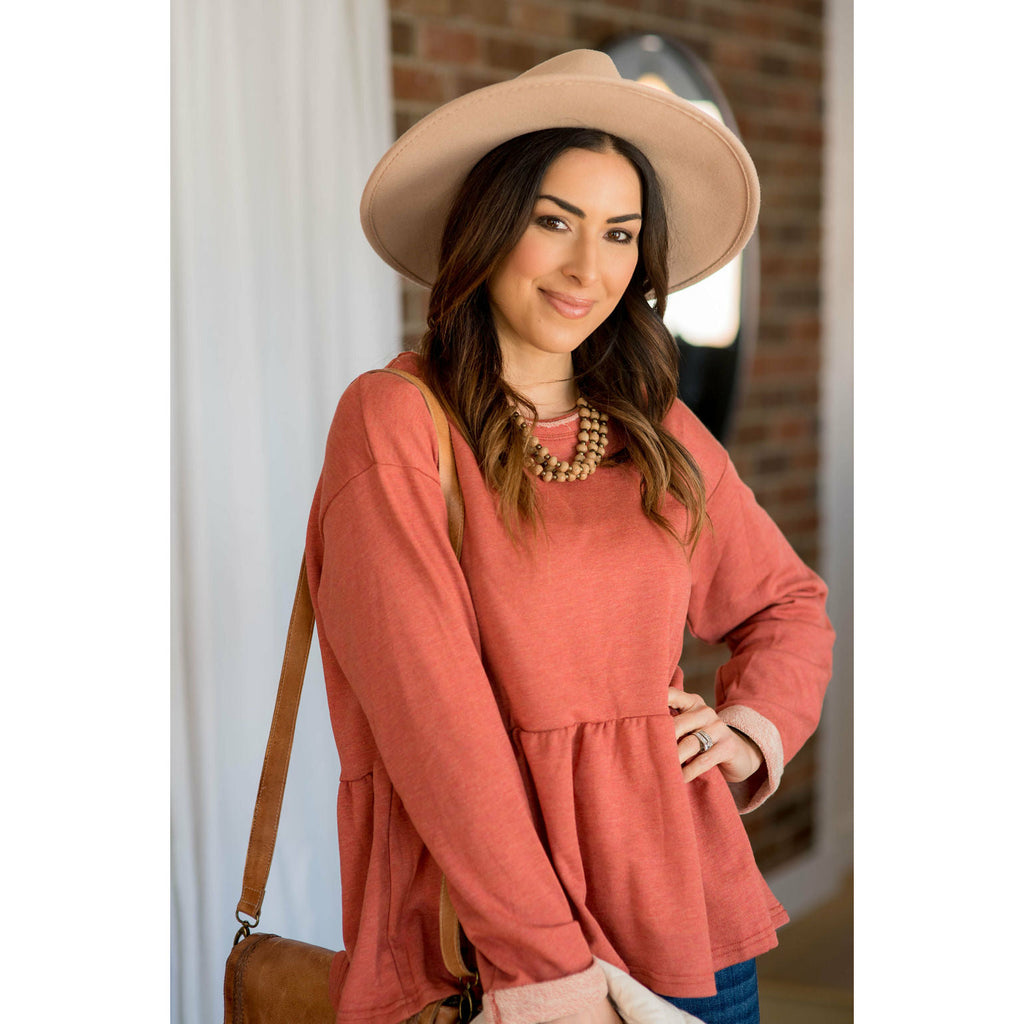 Raw Edge Peplum Sweatshirt - Rust - Betsey's Boutique Shop